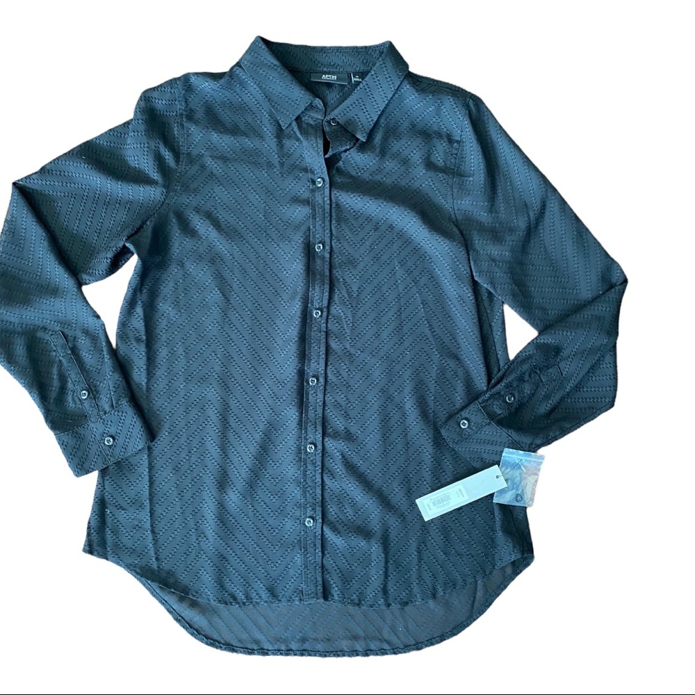 NWT APT9 Black Sheer Button Down BLOUSE Medium SHIRT Top